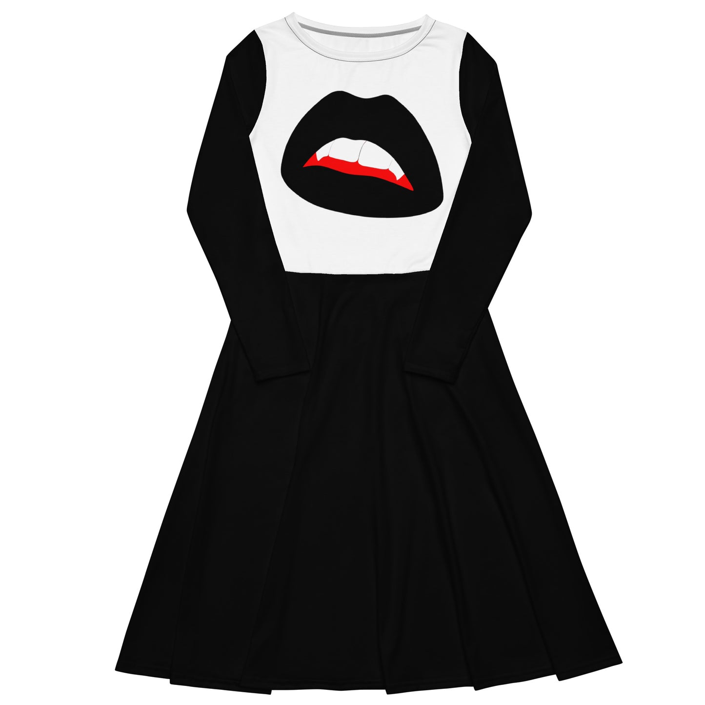 Long-Sleeve Midi Dress (black & white): Black Vamp Lips