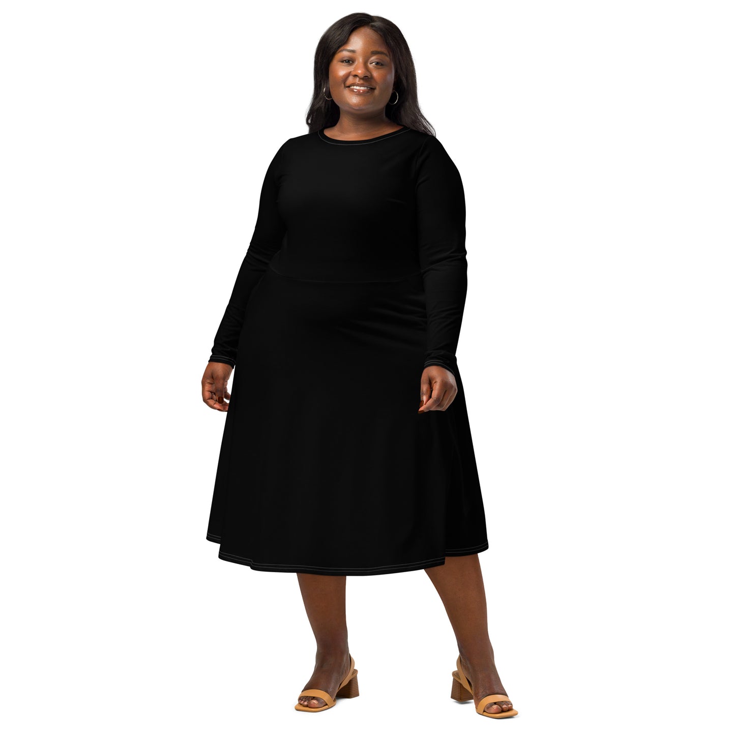 Long-Sleeve Midi Dress with Pockets: All Black