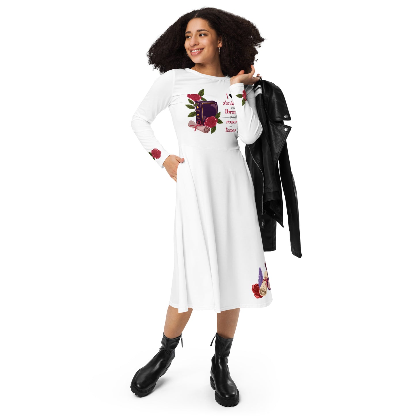 Shadows • Thrones • Roses • Tomes Romantasy Long‑Sleeve Midi Dress (White)
