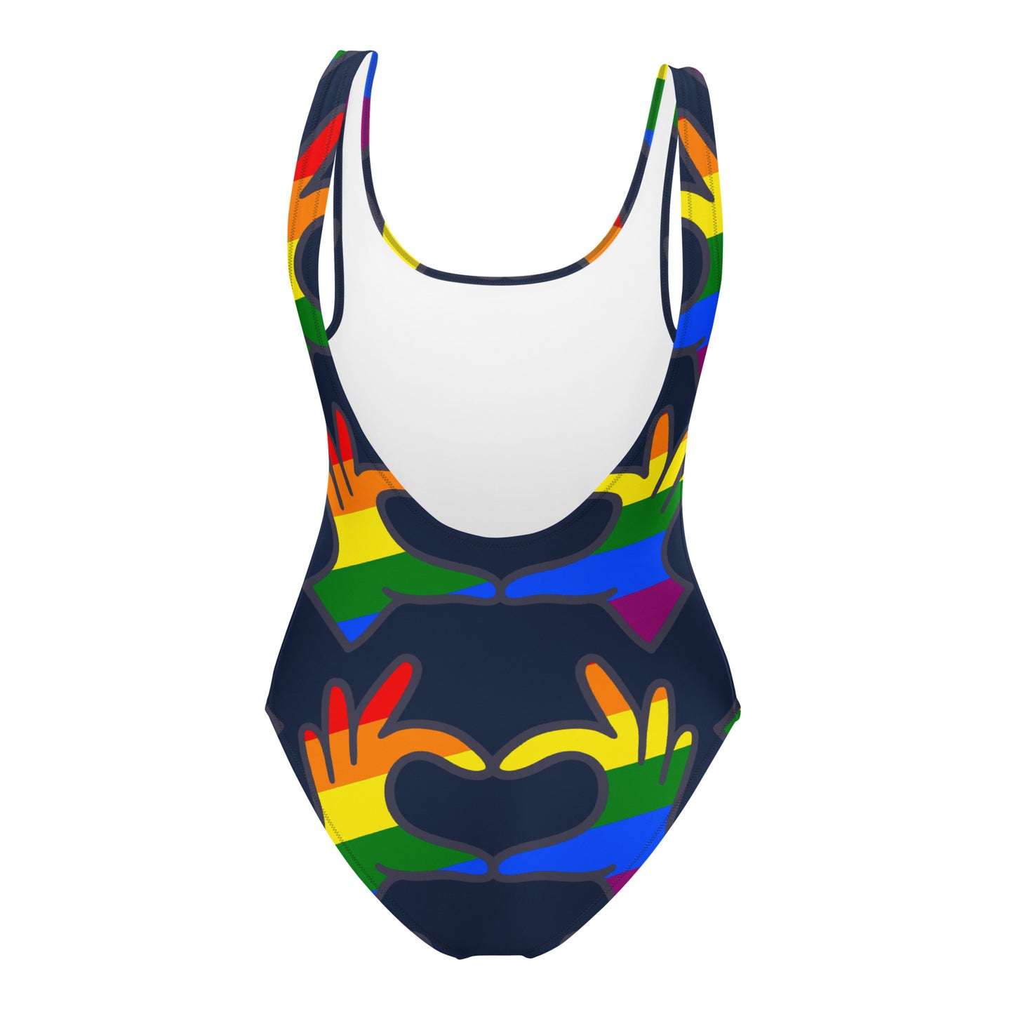 One-Piece Swimsuit: Rainbow Love Hands (on Navy Blue)