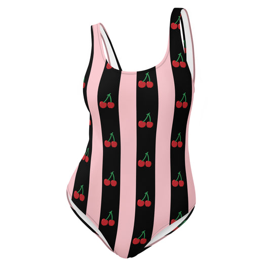 One-Piece Swimsuit: Black, Pink & Cherries