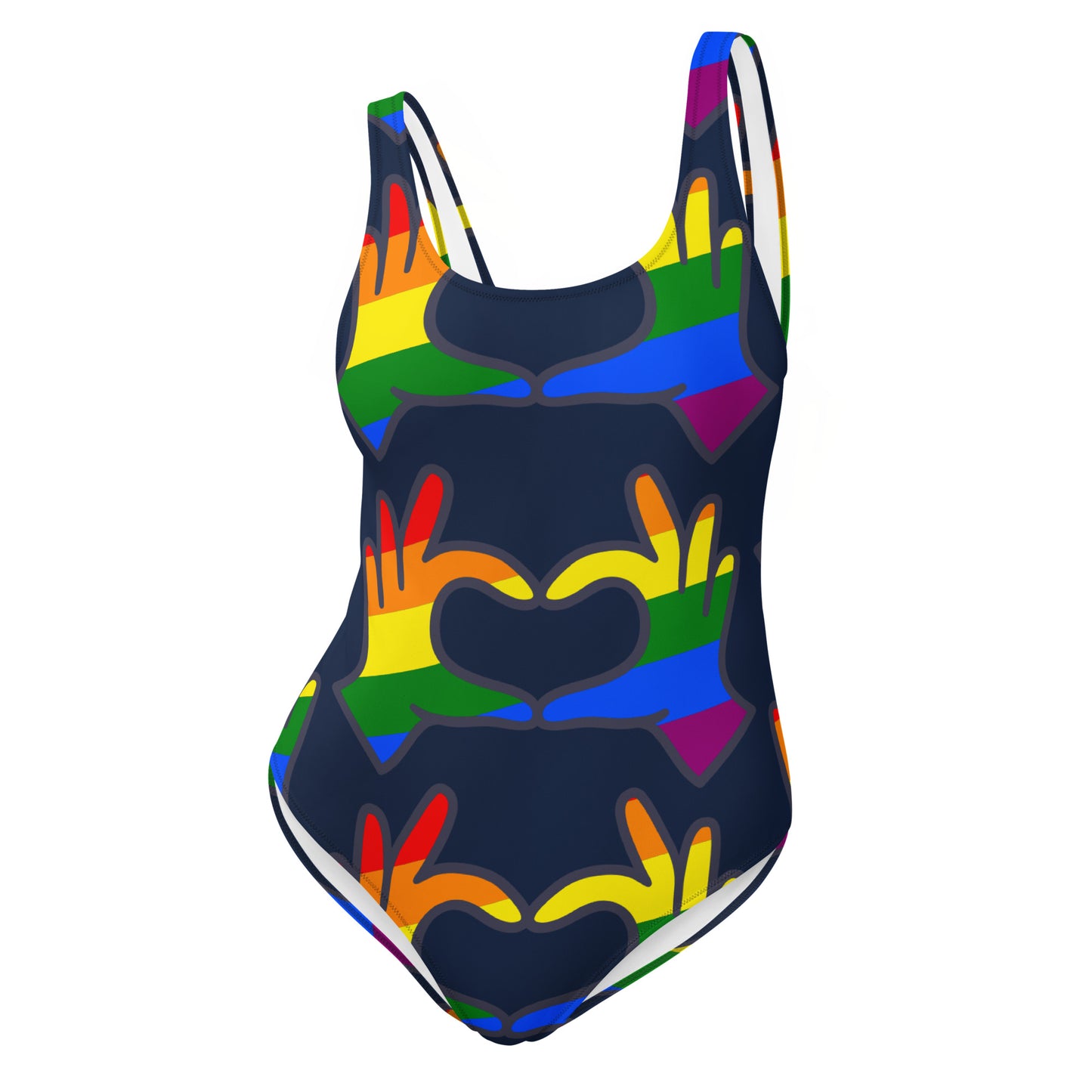 One-Piece Swimsuit: Rainbow Love Hands (on Navy Blue)
