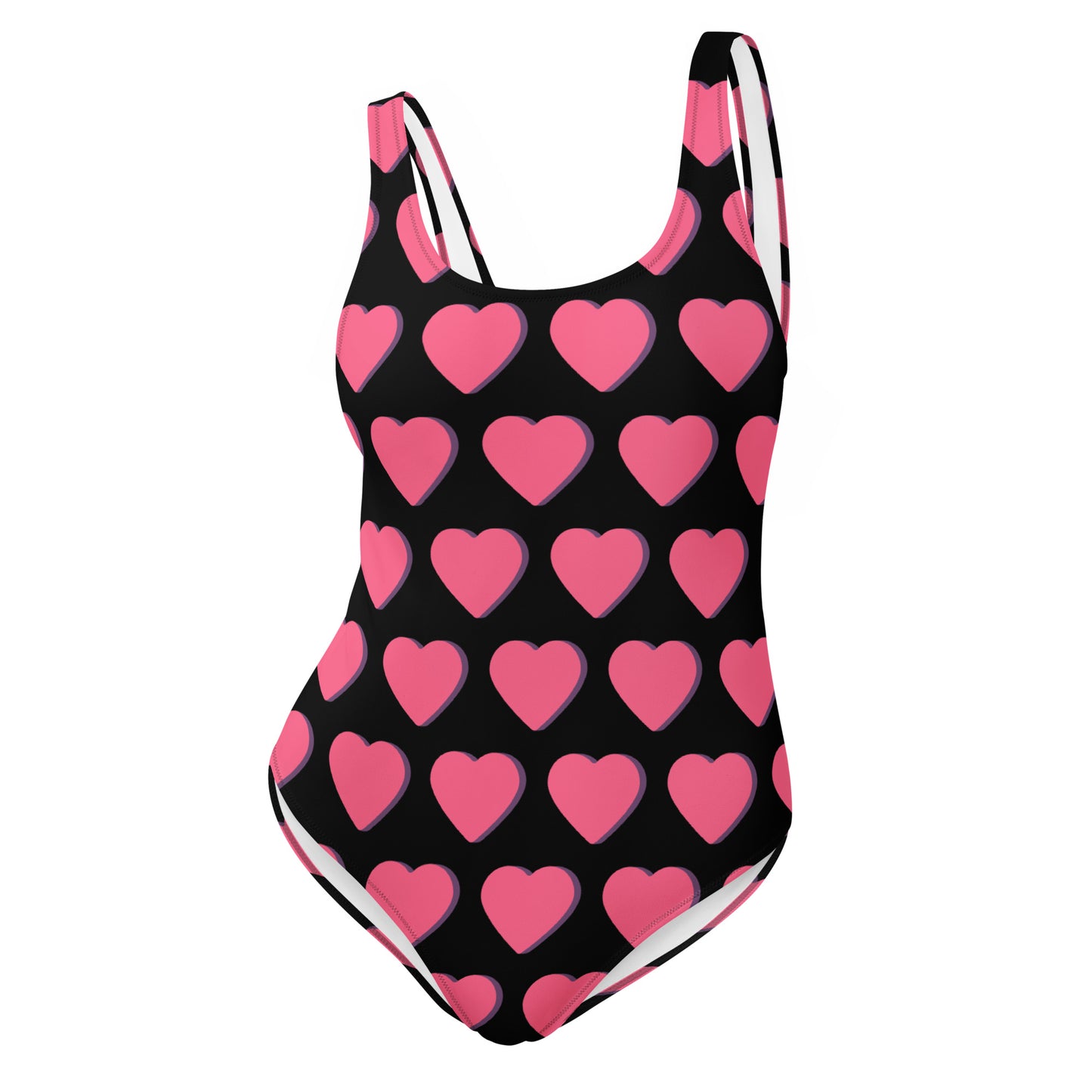 One-Piece Swimsuit: Pink Hearts (on black)