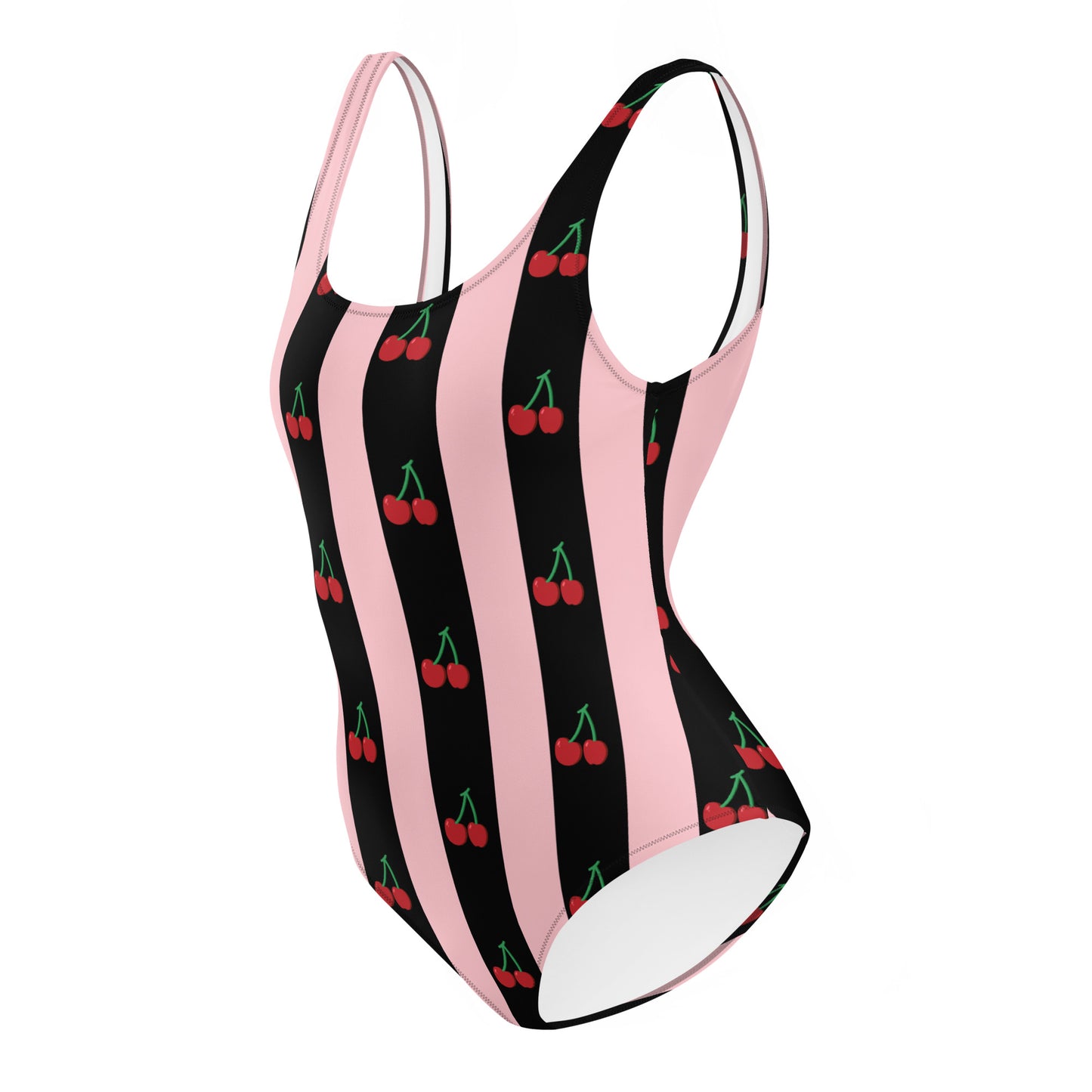 One-Piece Swimsuit: Black, Pink & Cherries