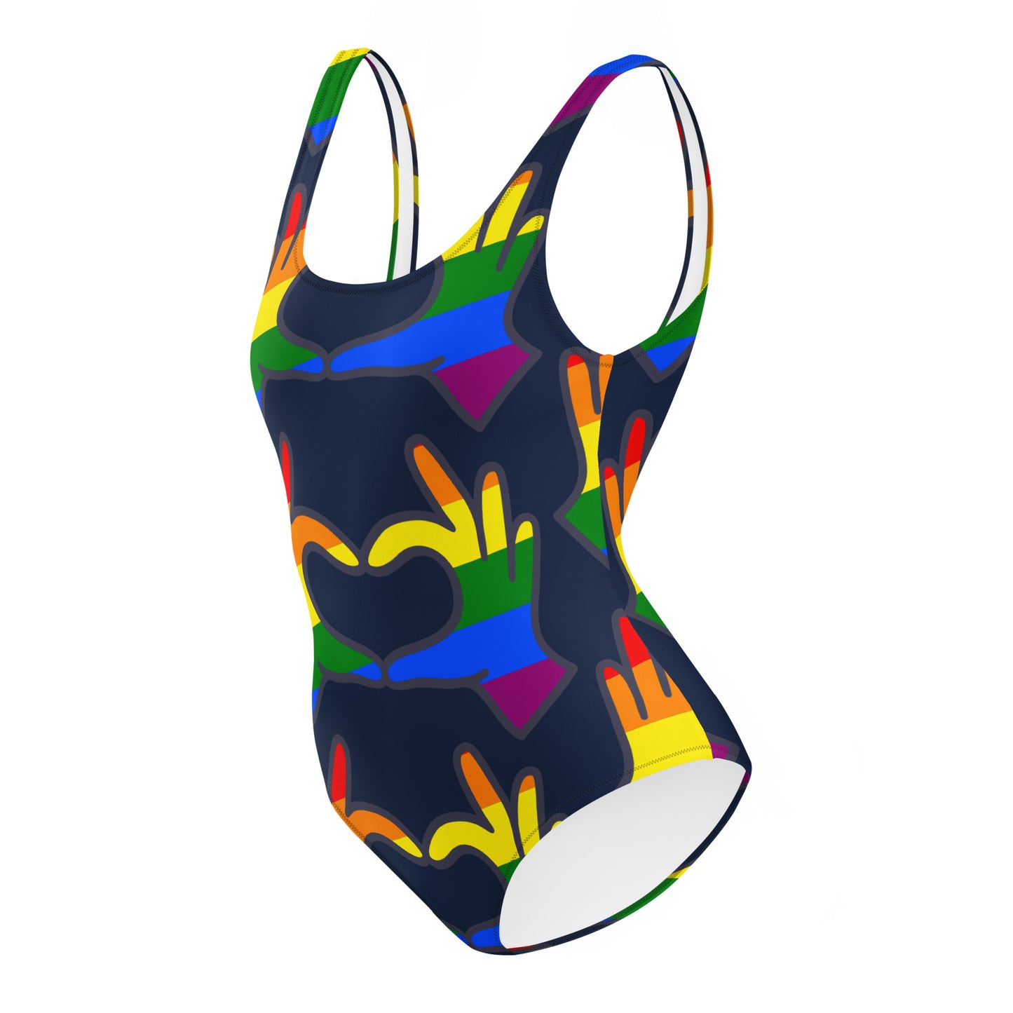 One-Piece Swimsuit: Rainbow Love Hands (on Navy Blue)