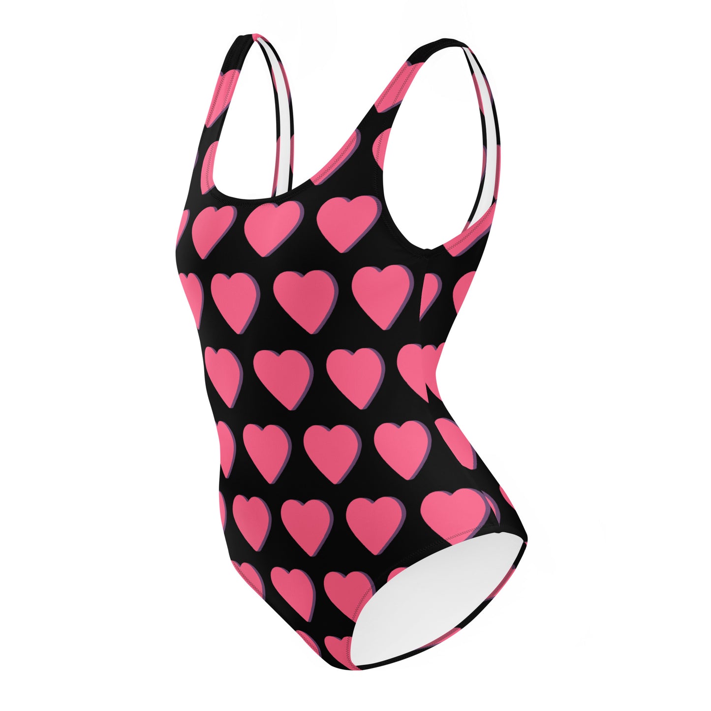One-Piece Swimsuit: Pink Hearts (on black)