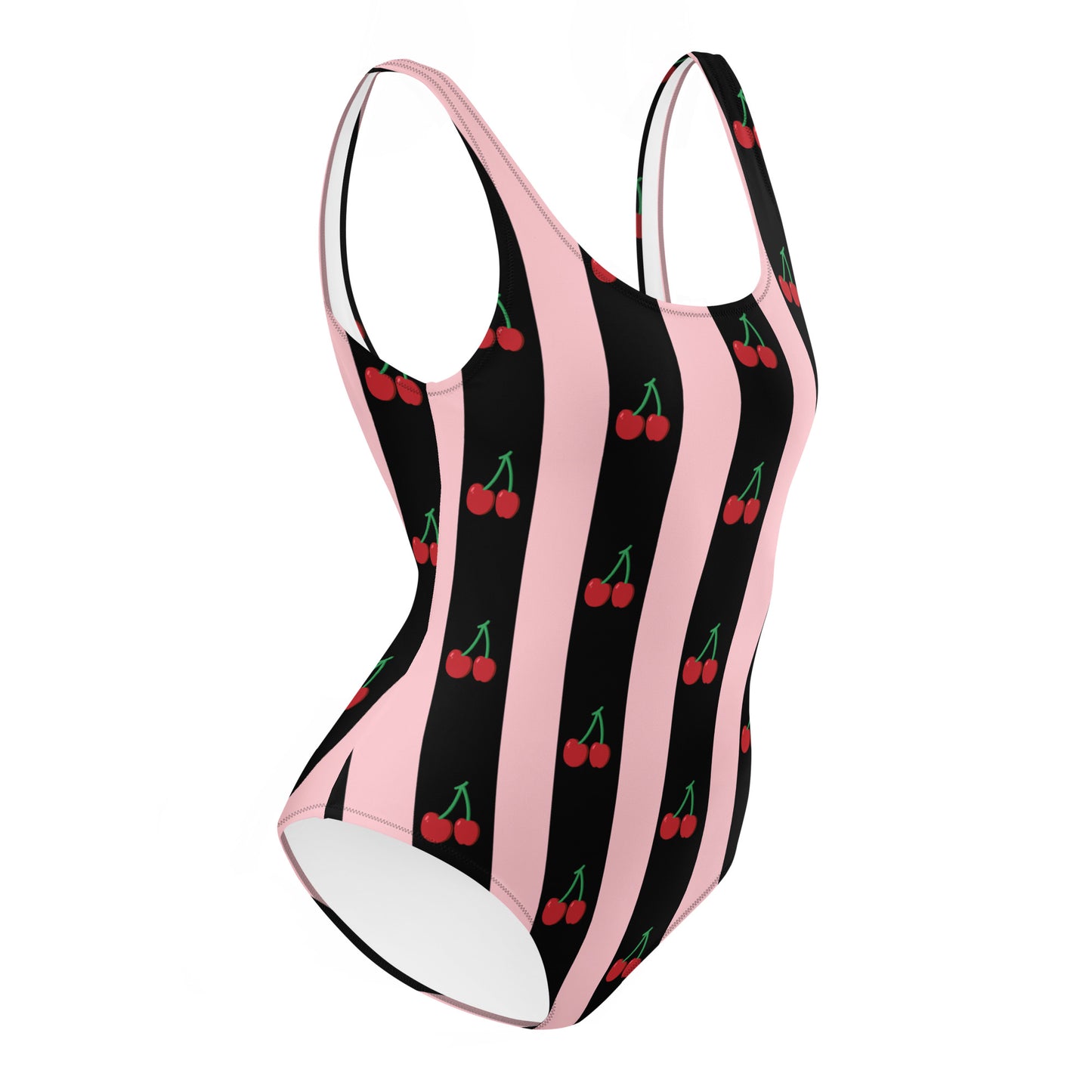 One-Piece Swimsuit: Black, Pink & Cherries