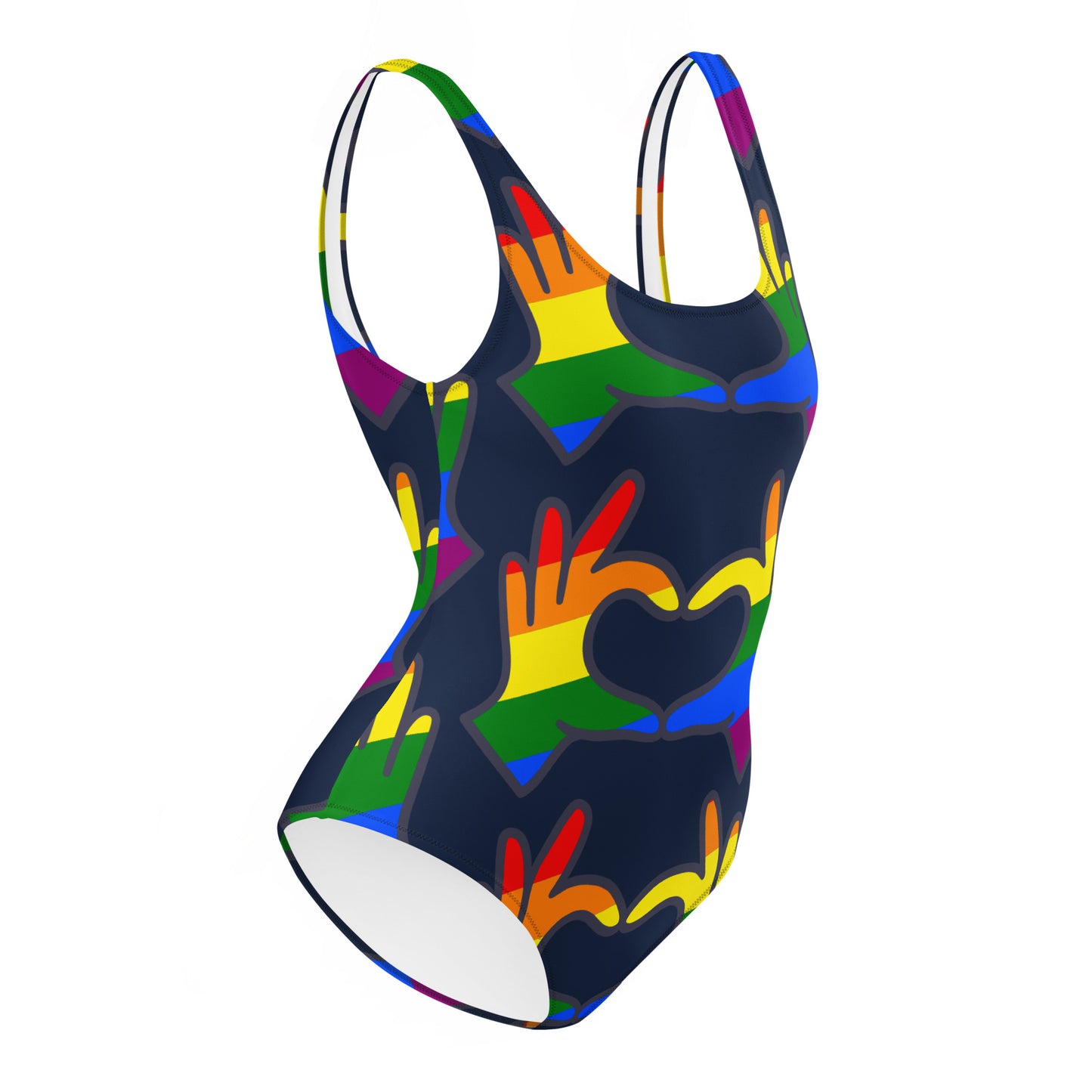 One-Piece Swimsuit: Rainbow Love Hands (on Navy Blue)