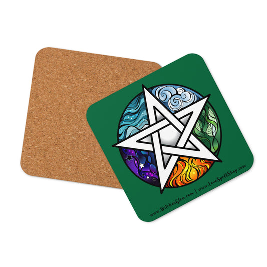 Cork-back Coaster: Pentacle and Elements (jewel green)