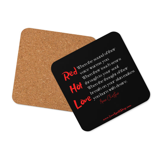 Cork-back Coaster: Red Hot Love... by Maria Christine (red and white text)