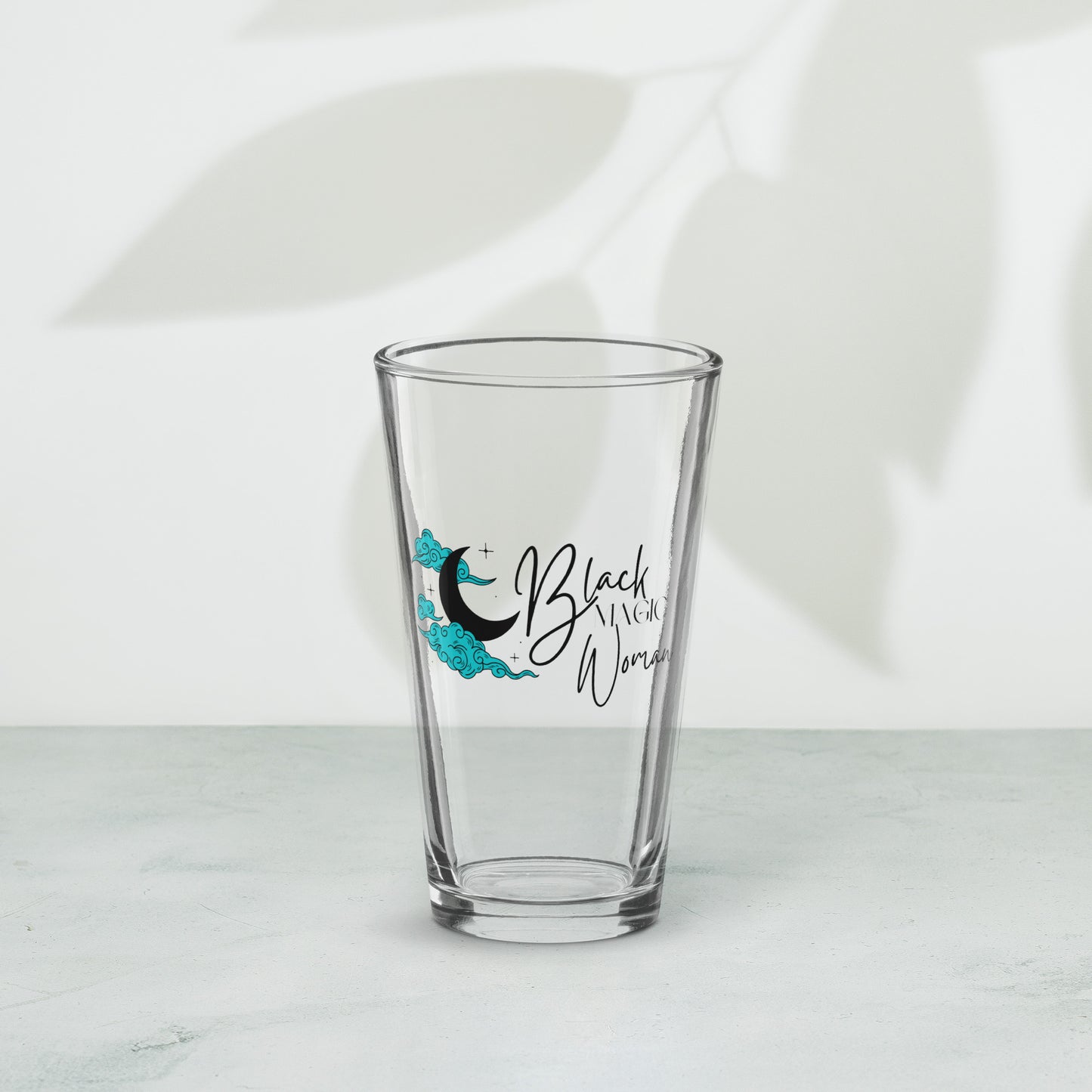 Shaker Pint Glass: Black Magic Woman (turquoise clouds)
