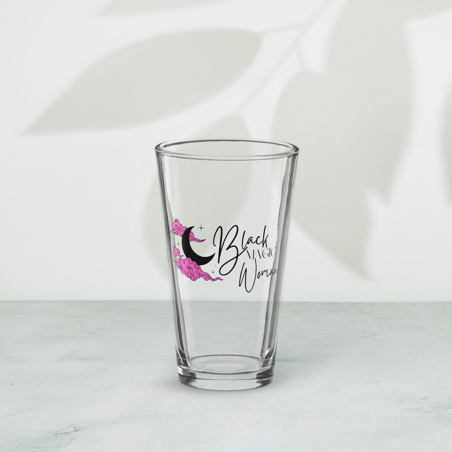 Shaker Pint Glass: Black Magic Woman (fuchsia clouds)