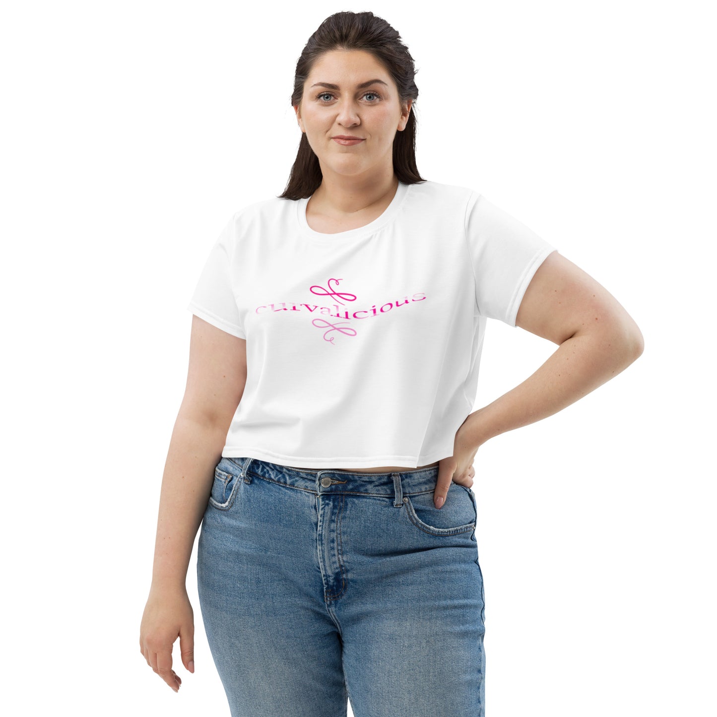 Crop Tee: Curvalicious (text in shades of pink)