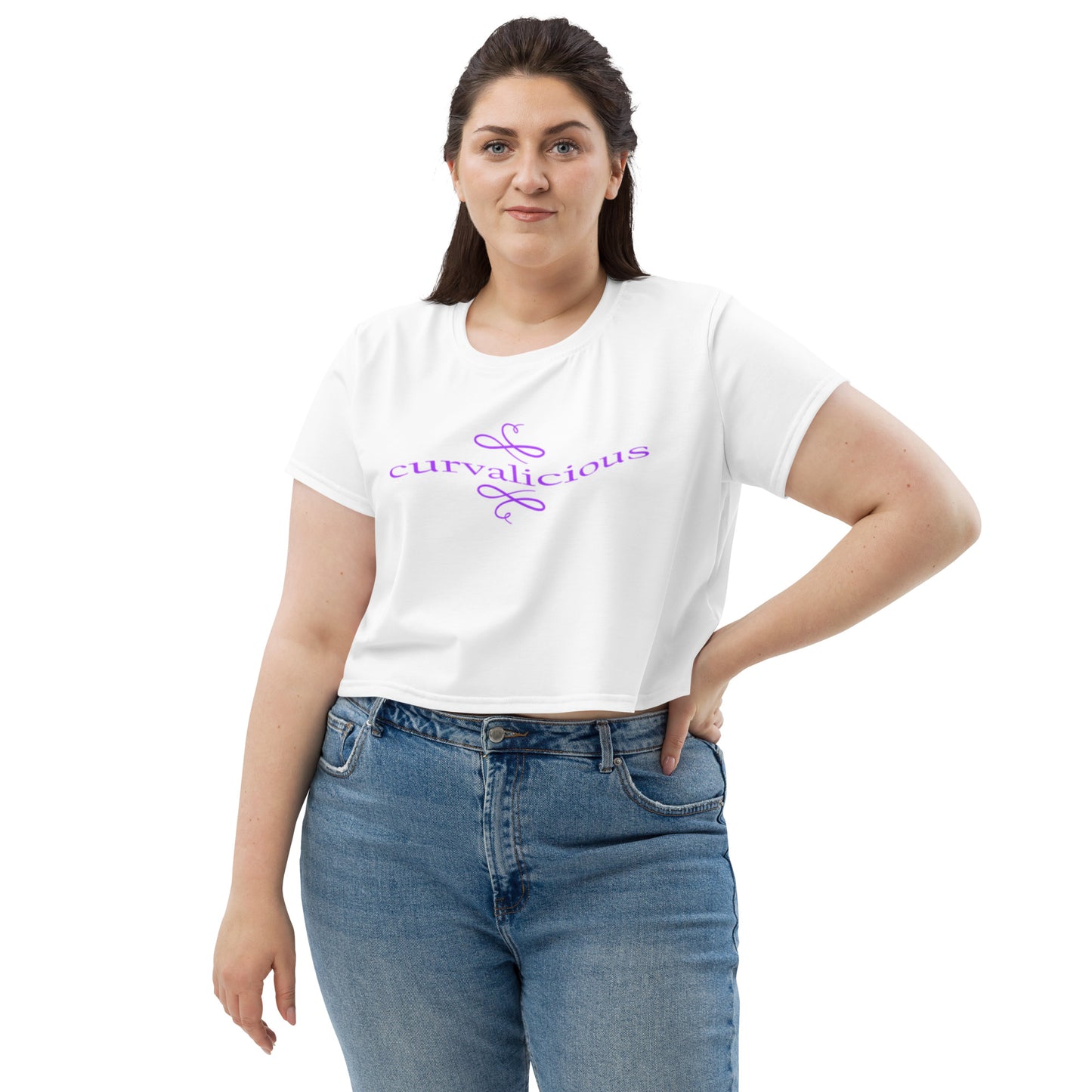 Crop Tee: Curvalicious (text in shades of purple)