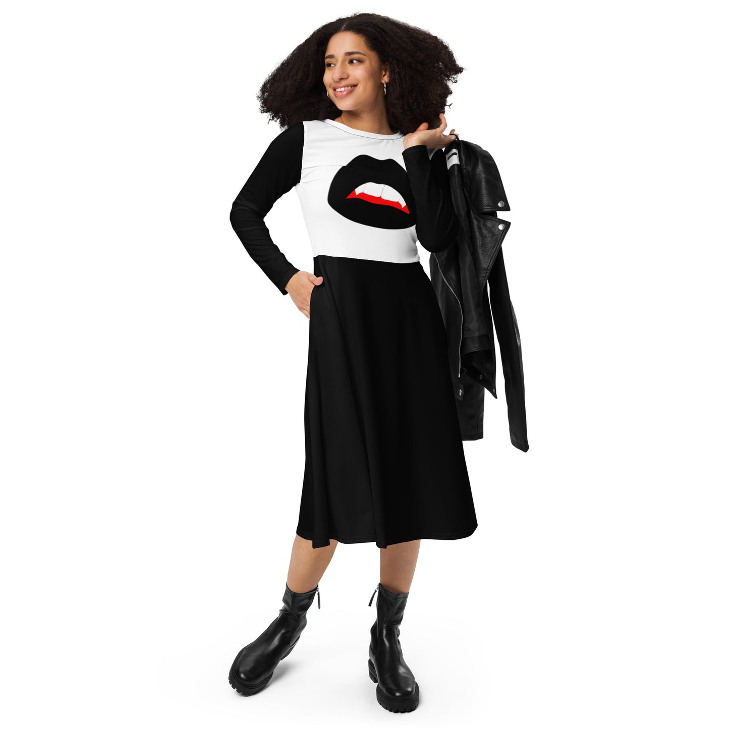 Long-Sleeve Midi Dress (black & white): Black Vamp Lips
