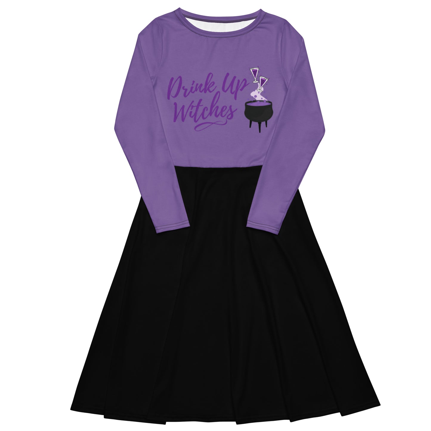 Long-Sleeve Midi Dress: Drink Up Witches (black and ce soir purple)