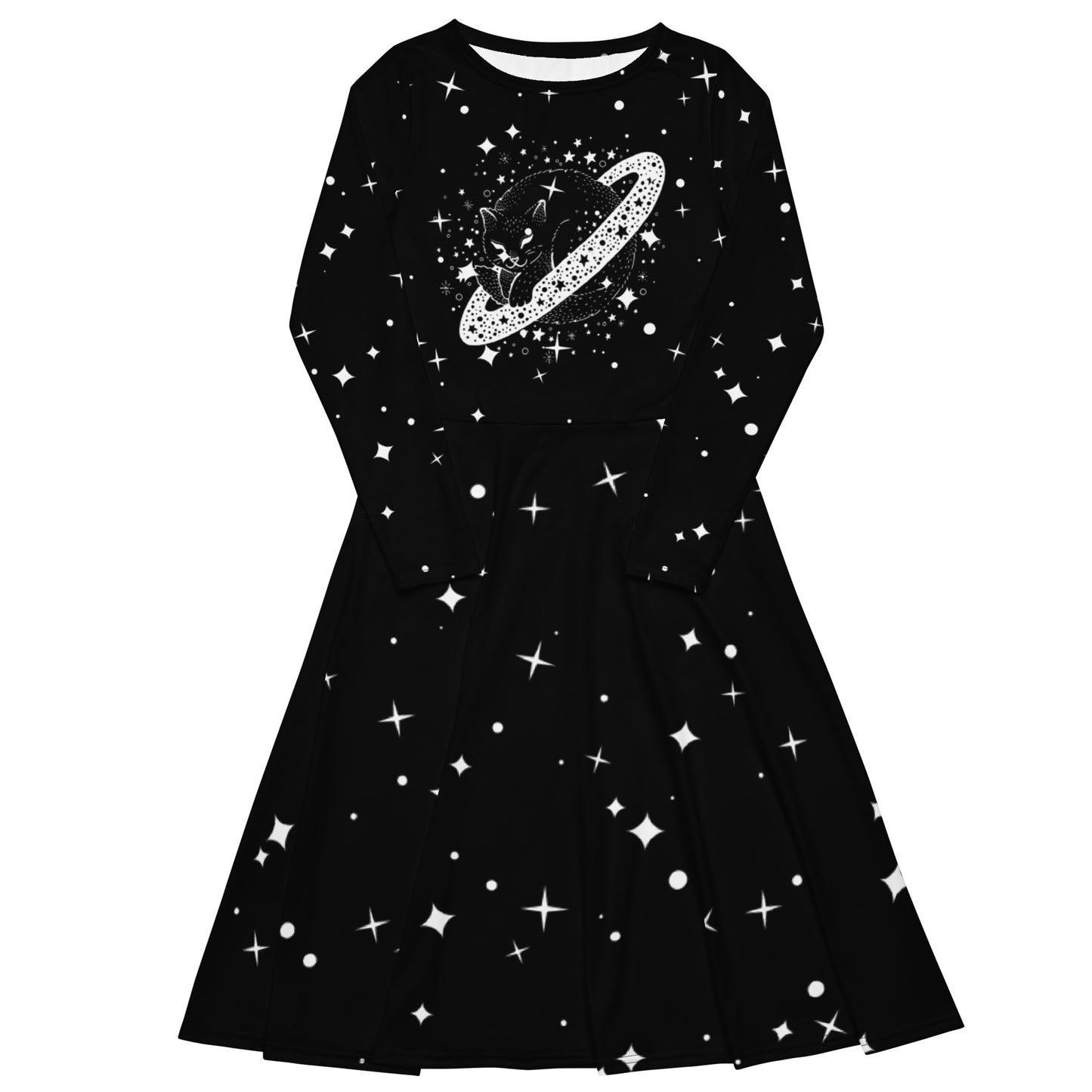 Long-Sleeve Midi Dress: Cosmic Kitty on a Starry Night