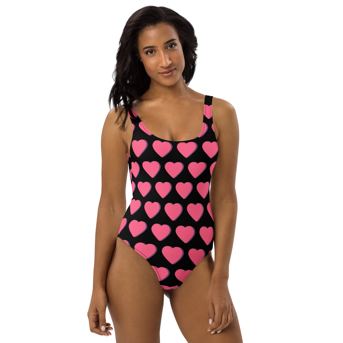 One-Piece Swimsuit: Pink Hearts (on black)