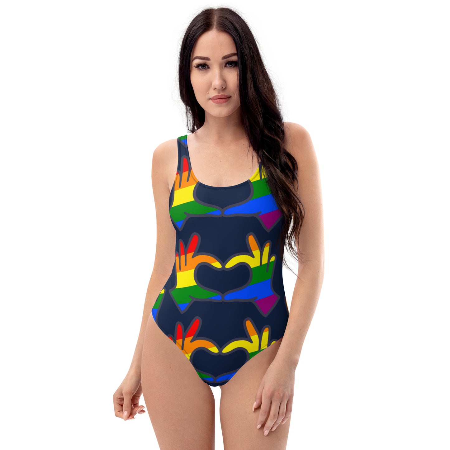 One-Piece Swimsuit: Rainbow Love Hands (on Navy Blue)