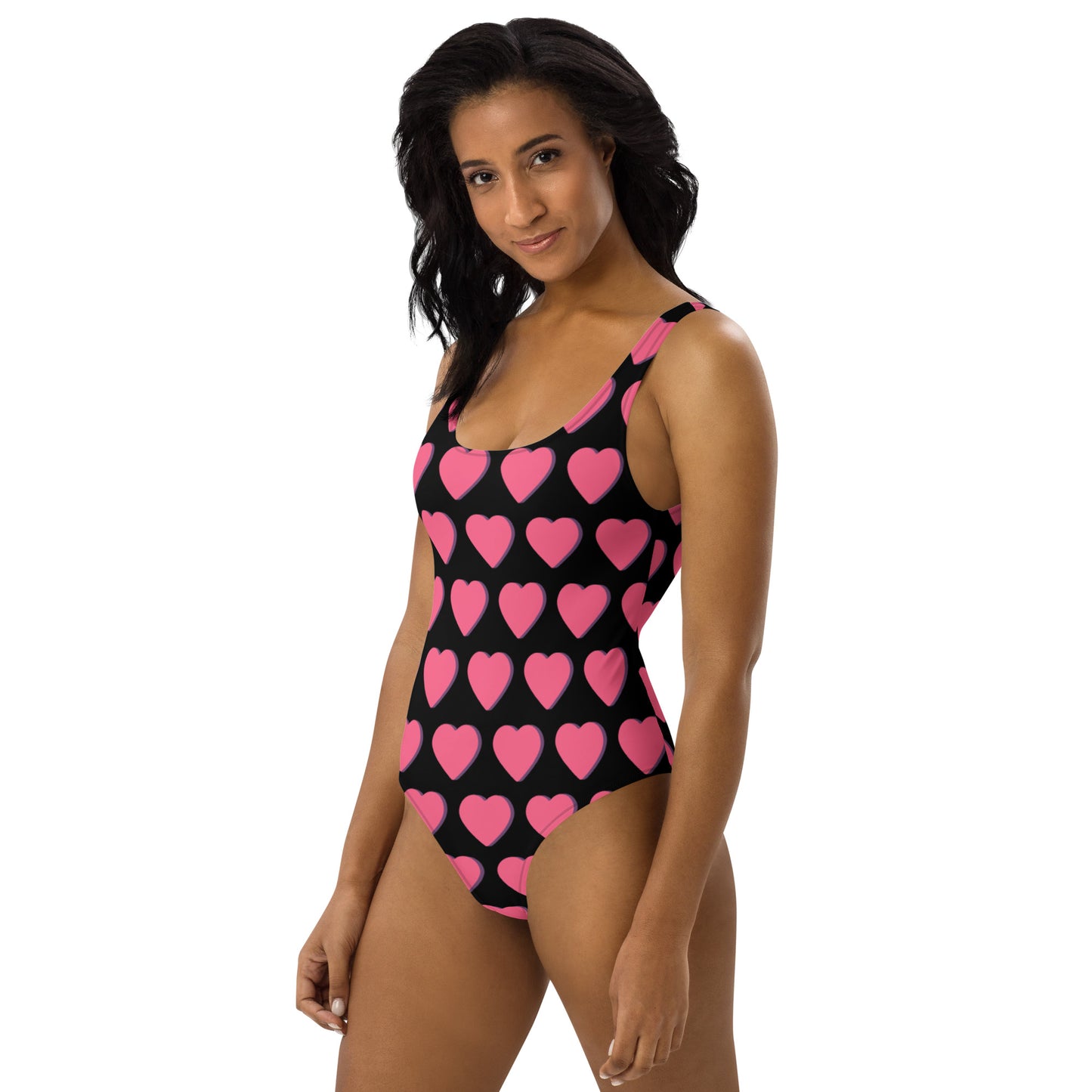 One-Piece Swimsuit: Pink Hearts (on black)