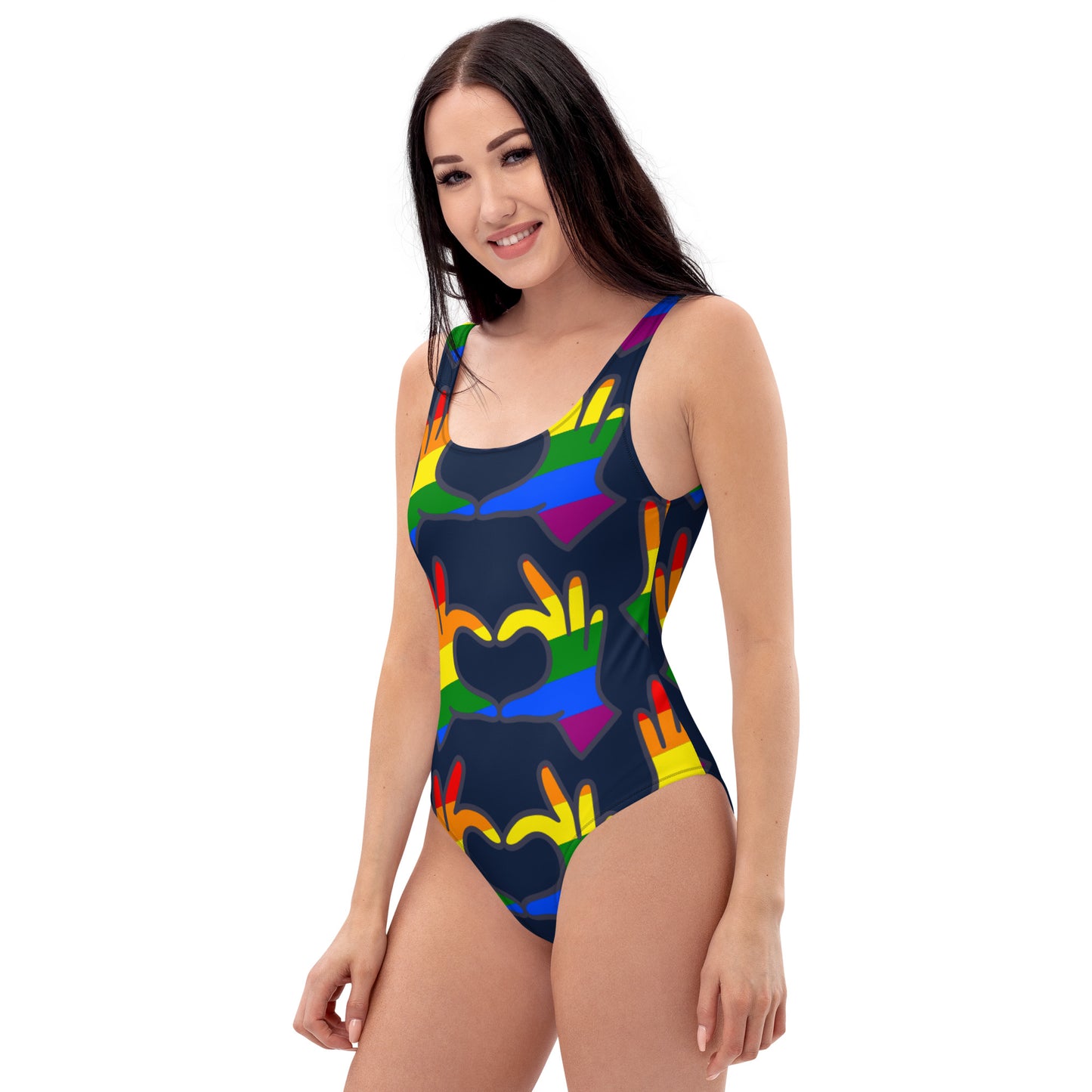 One-Piece Swimsuit: Rainbow Love Hands (on Navy Blue)