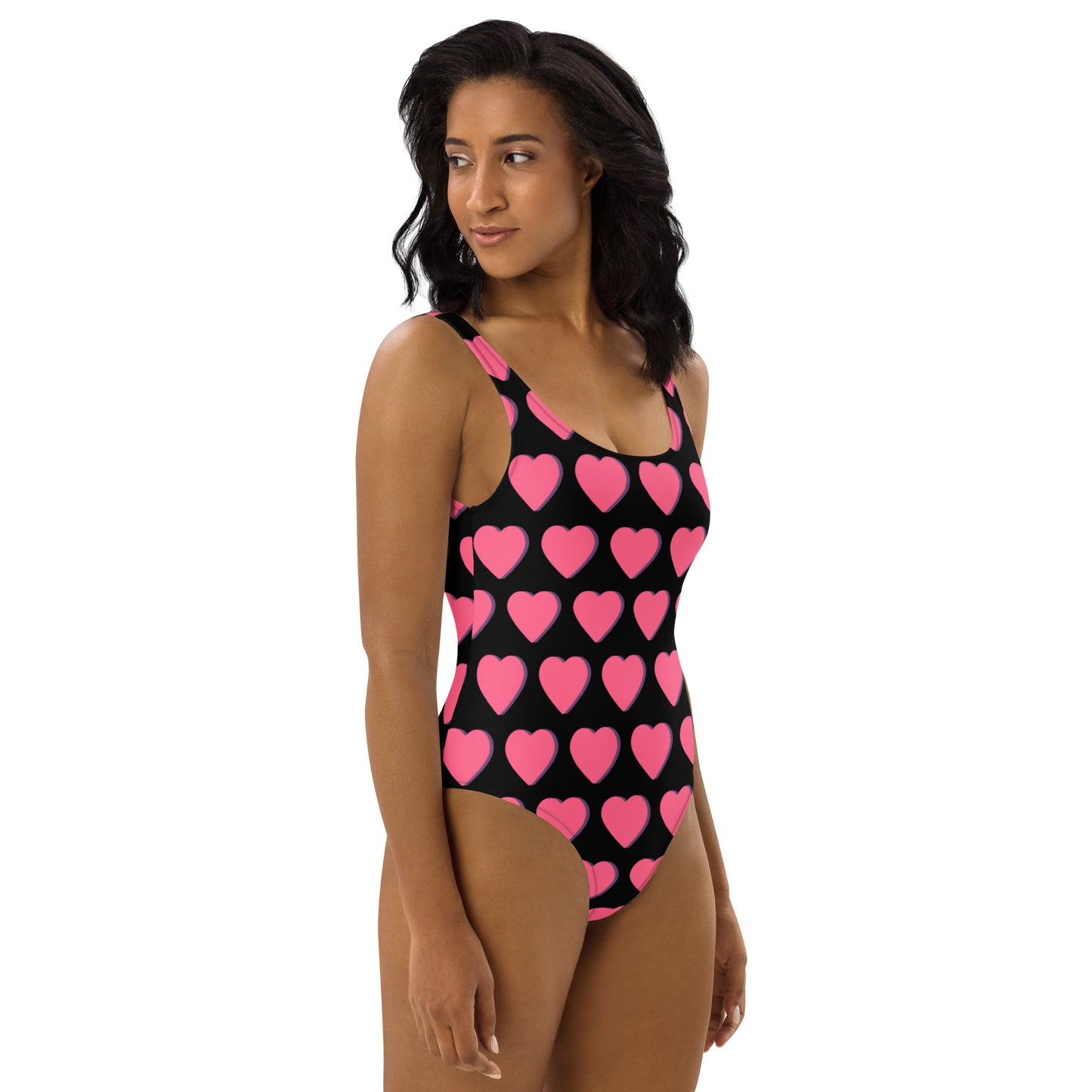 One-Piece Swimsuit: Pink Hearts (on black)