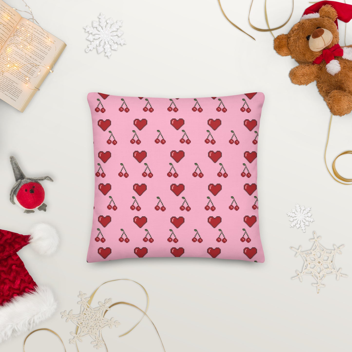 Premium Throw Pillow: Hearts & Cherries (red on pink)