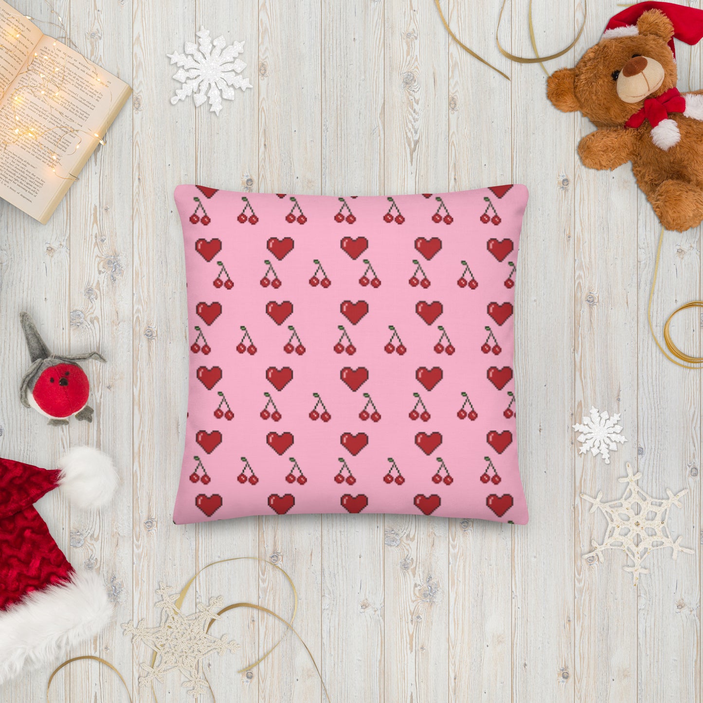 Premium Throw Pillow: Hearts & Cherries (red on pink)