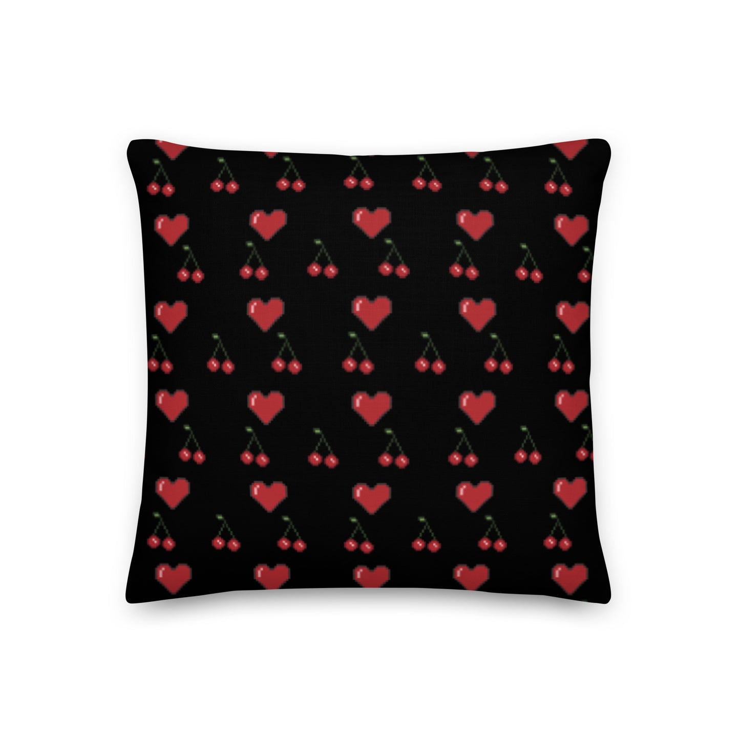 Premium Throw Pillow: Hearts & Cherries (red on black)
