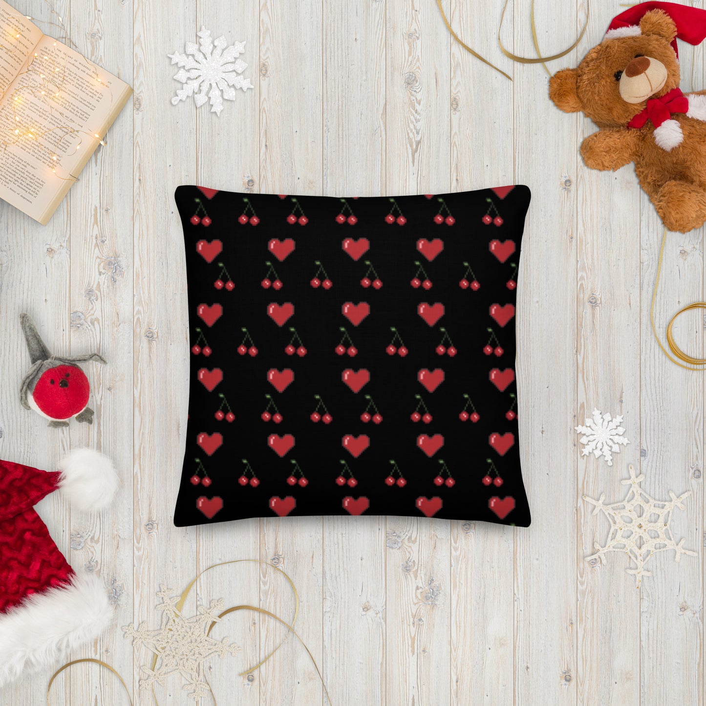 Premium Throw Pillow: Hearts & Cherries (red on black)
