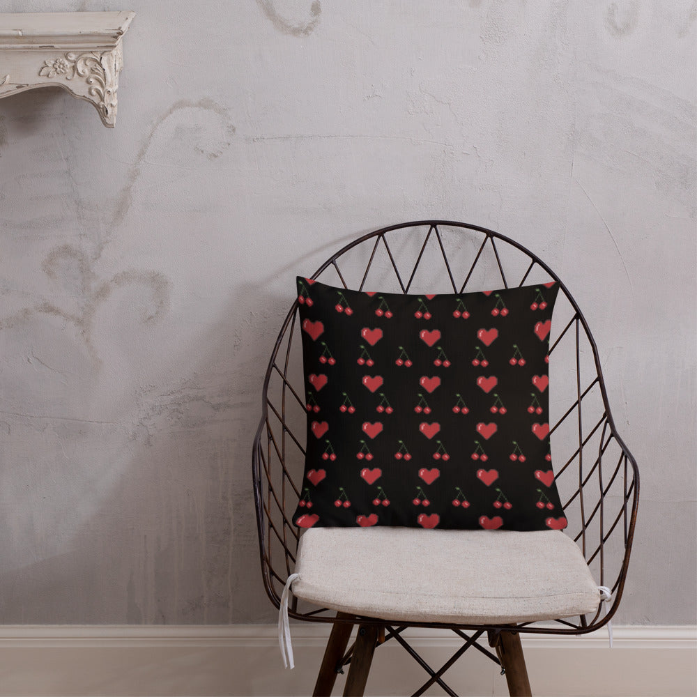 Premium Throw Pillow: Hearts & Cherries (red on black)