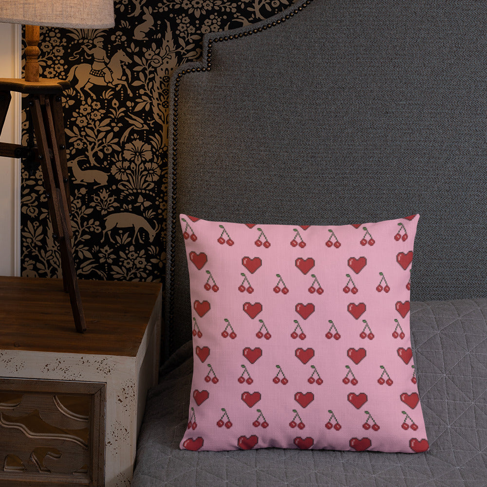 Premium Throw Pillow: Hearts & Cherries (red on pink)