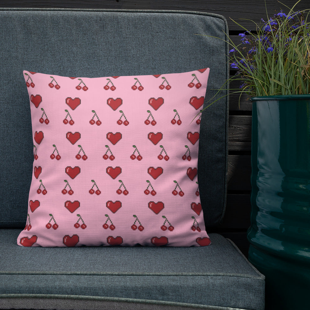 Premium Throw Pillow: Hearts & Cherries (red on pink)