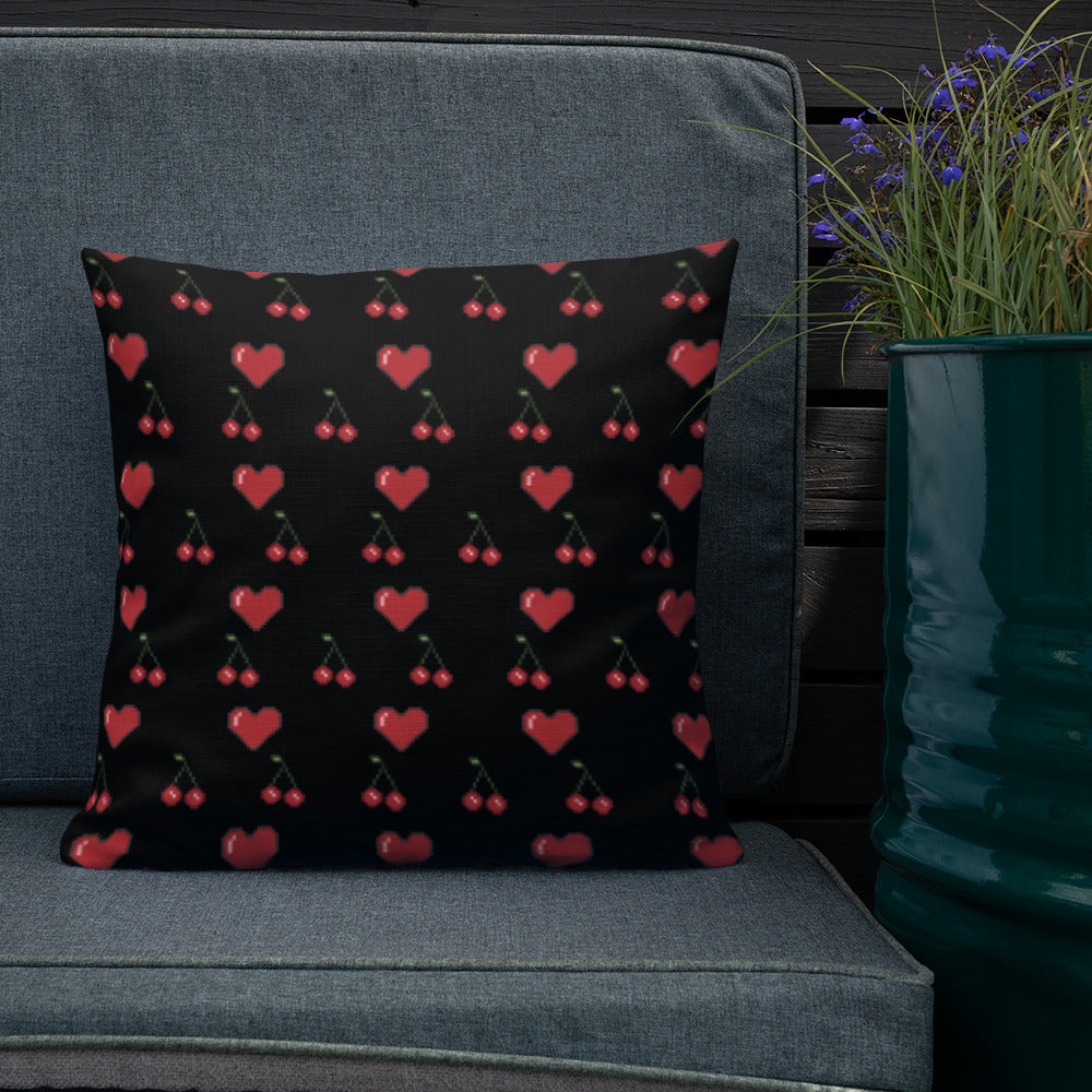 Premium Throw Pillow: Hearts & Cherries (red on black)