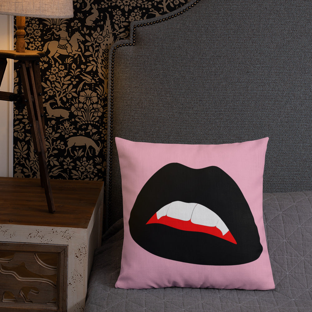 Premium Pillow: Black Vamp Lips on Pink (print on both sides)