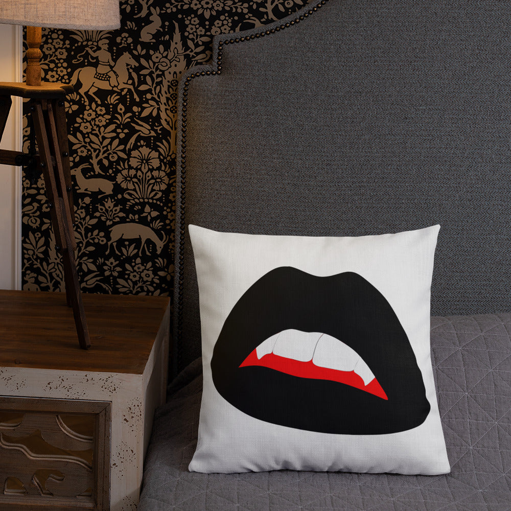 Premium Pillow: Black Vamp Lips on White (print on both sides)