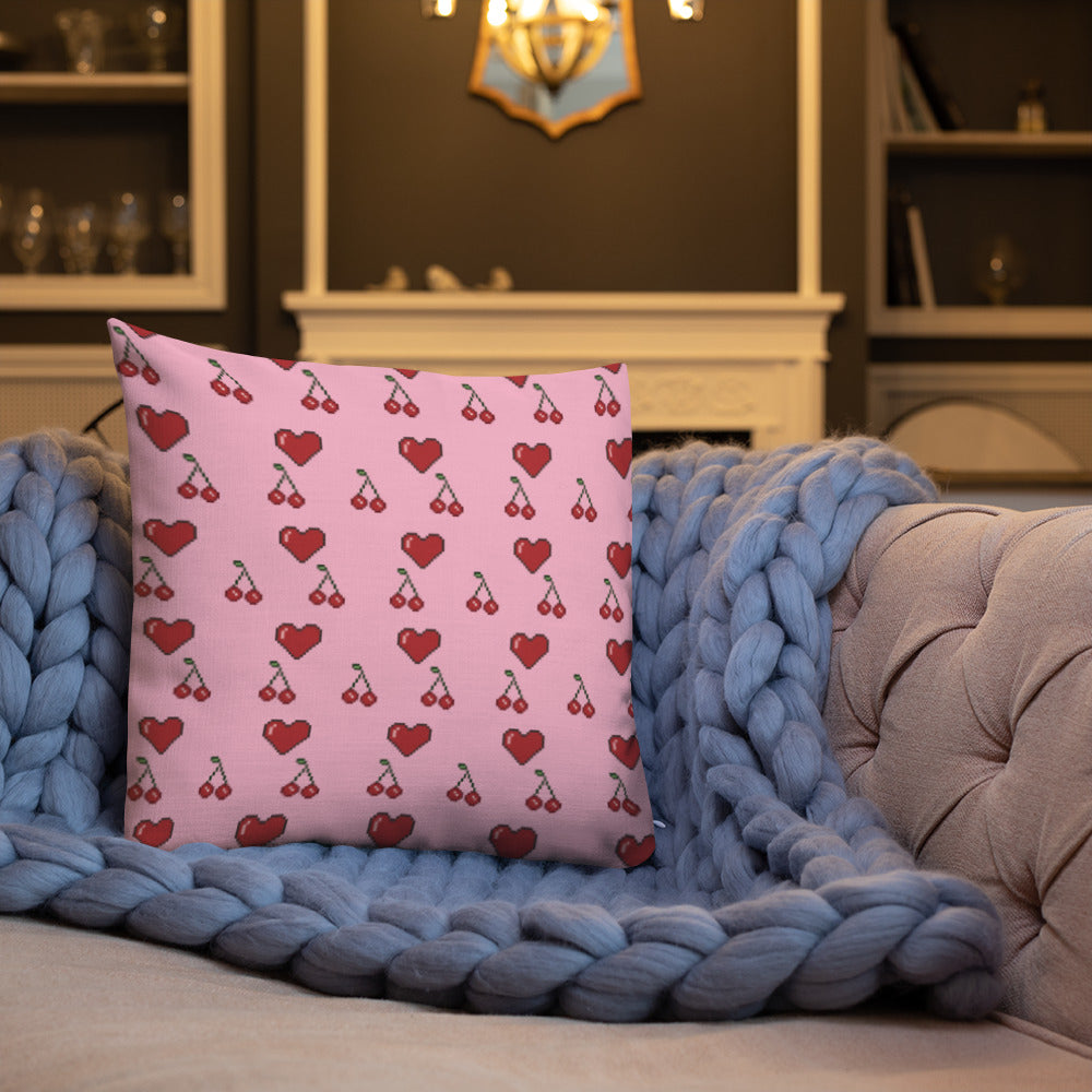Premium Throw Pillow: Hearts & Cherries (red on pink)