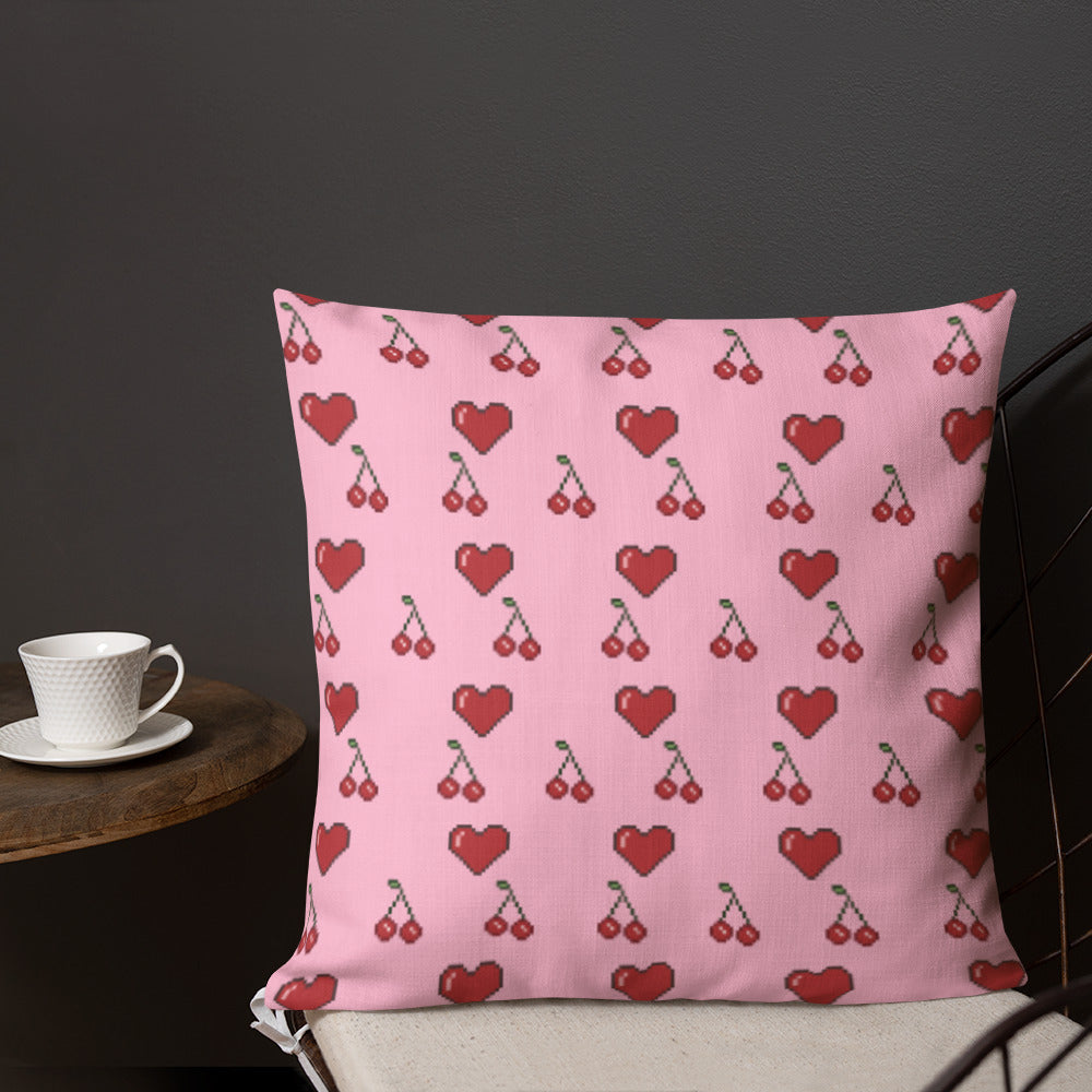 Premium Throw Pillow: Hearts & Cherries (red on pink)