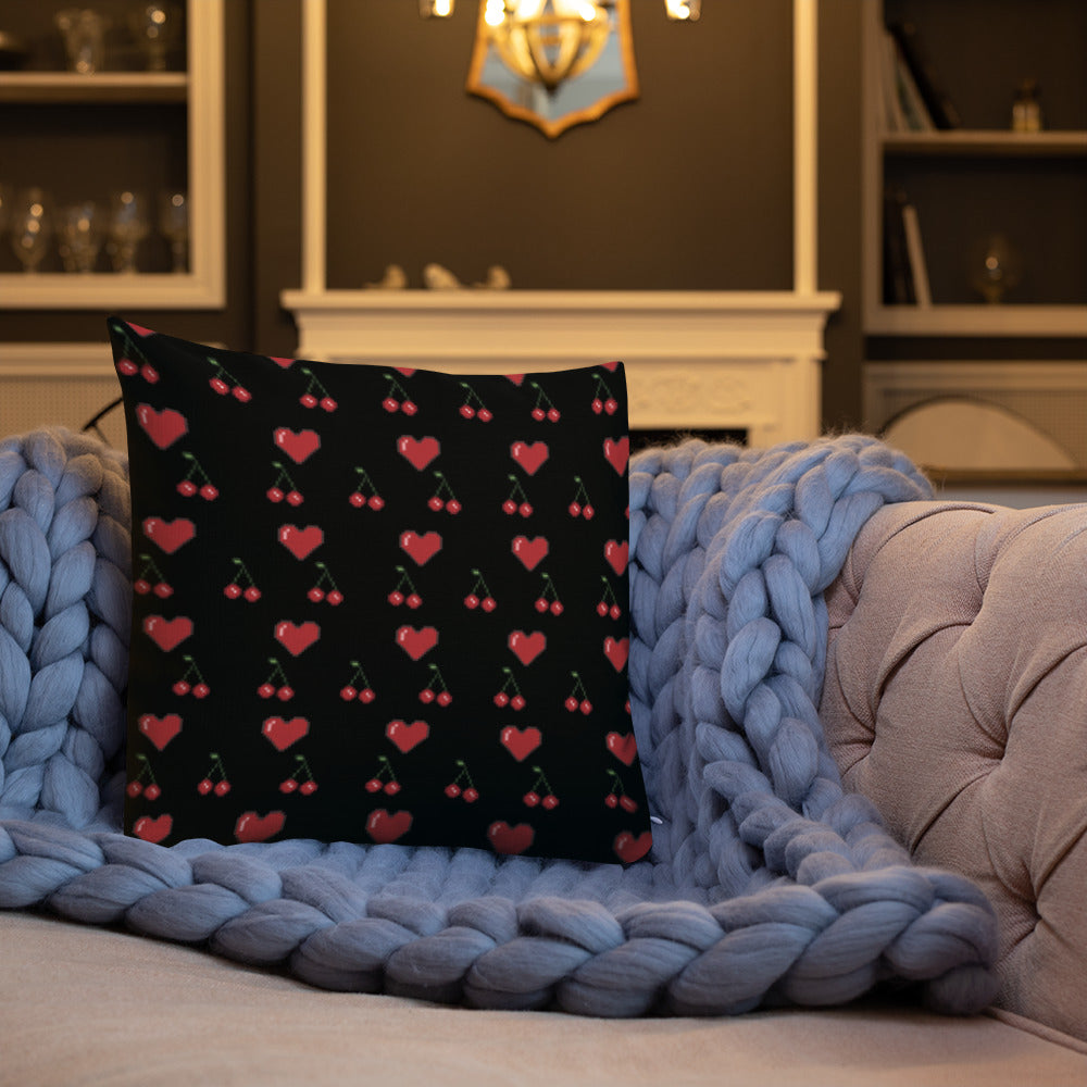 Premium Throw Pillow: Hearts & Cherries (red on black)