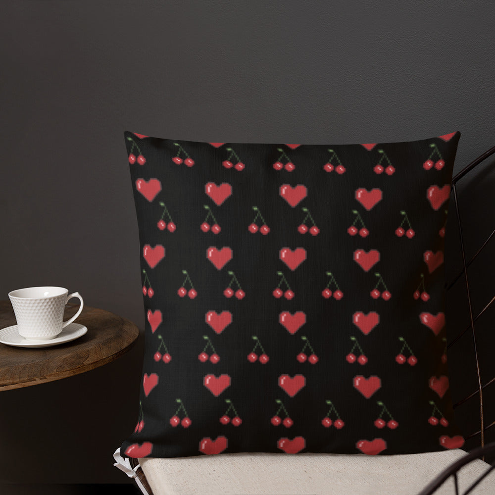 Premium Throw Pillow: Hearts & Cherries (red on black)