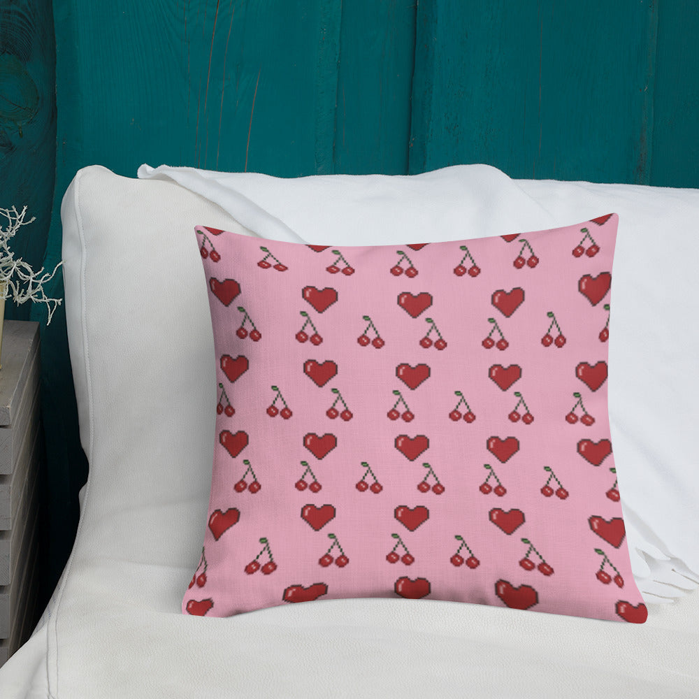 Premium Throw Pillow: Hearts & Cherries (red on pink)