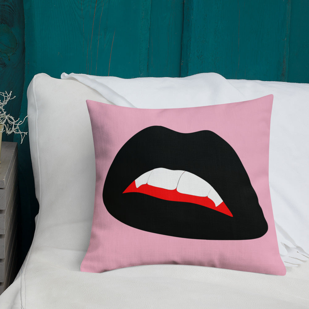 Premium Pillow: Black Vamp Lips on Pink (print on both sides)