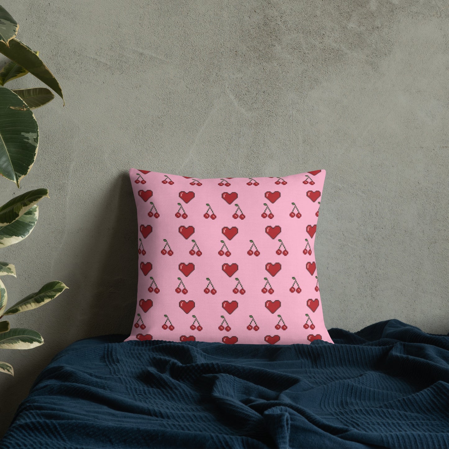 Premium Throw Pillow: Hearts & Cherries (red on pink)