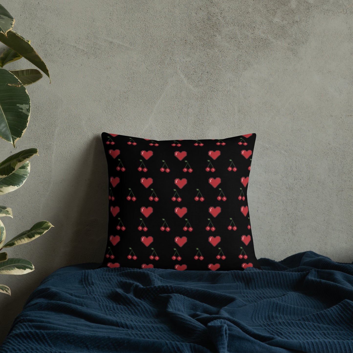 Premium Throw Pillow: Hearts & Cherries (red on black)