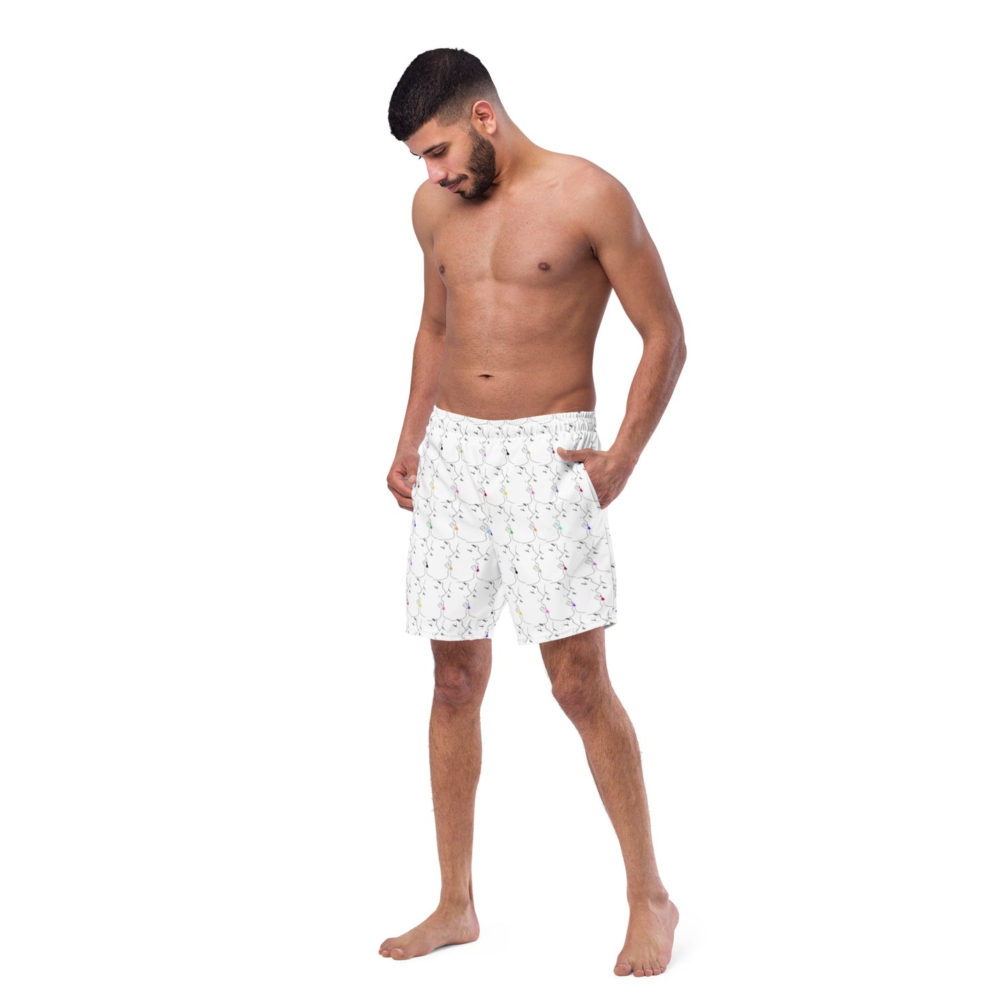 All-Over Print Recycled Swim Shorts: Tender Kisses Print (on white)