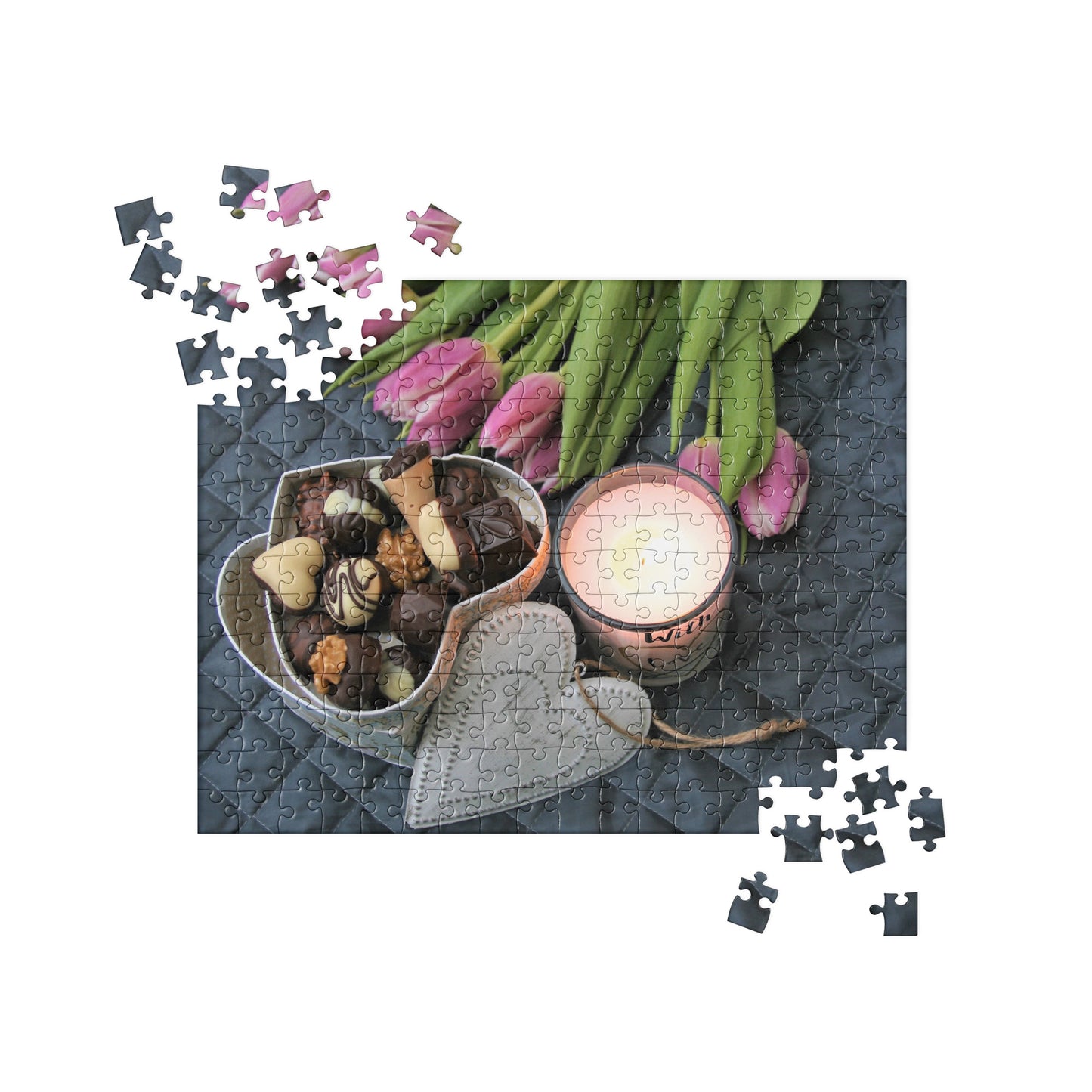 Food Fare Jigsaw puzzle: Candle, Flowers, Chocolates