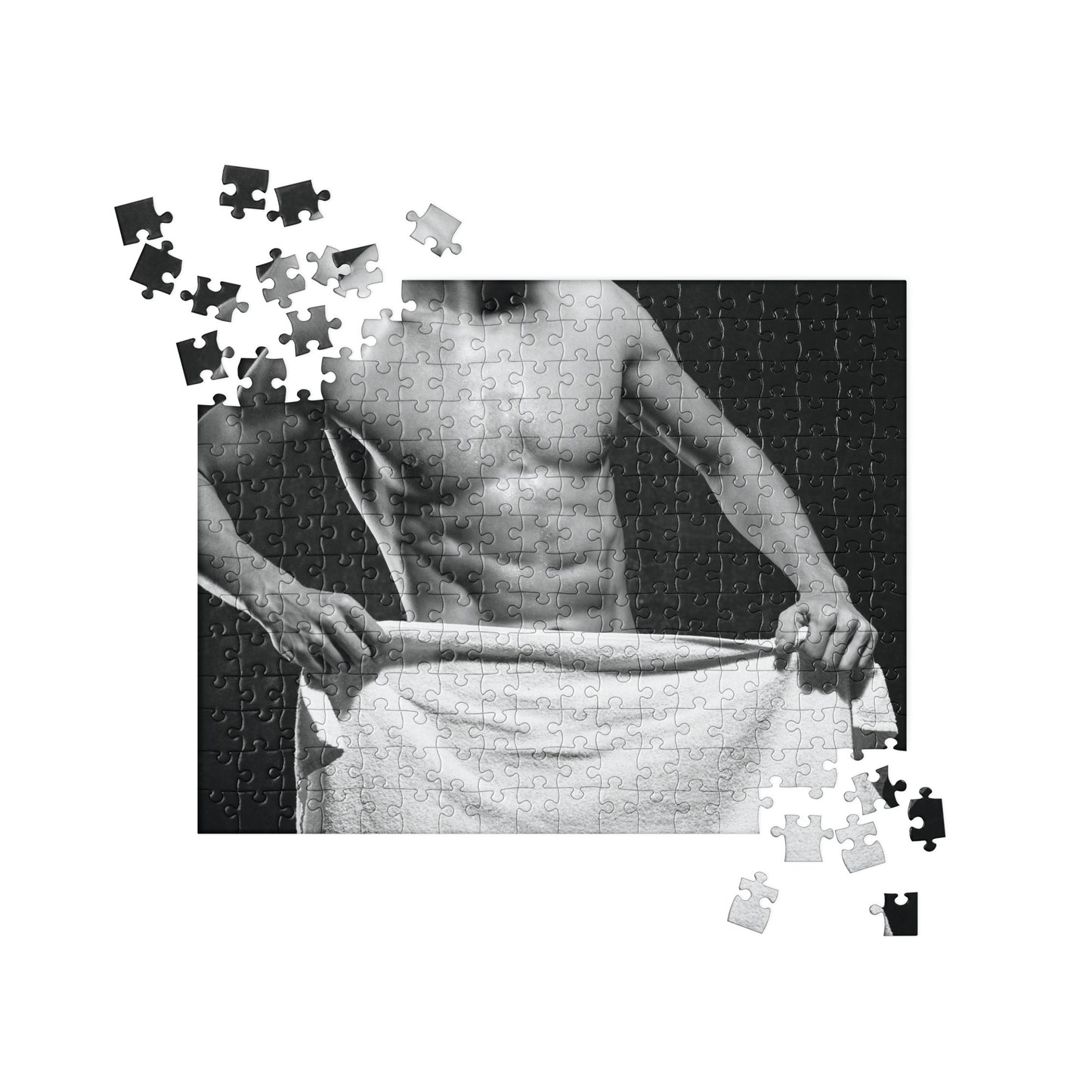 Sensual Jigsaw Puzzle: Shirtless Man with Towel (B&W)