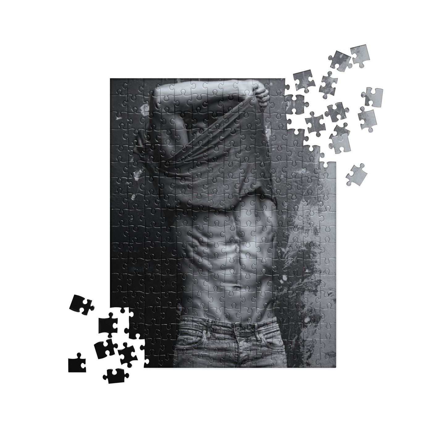 Sensual Jigsaw Puzzle: Man Pulling Off Shirt (B&W)