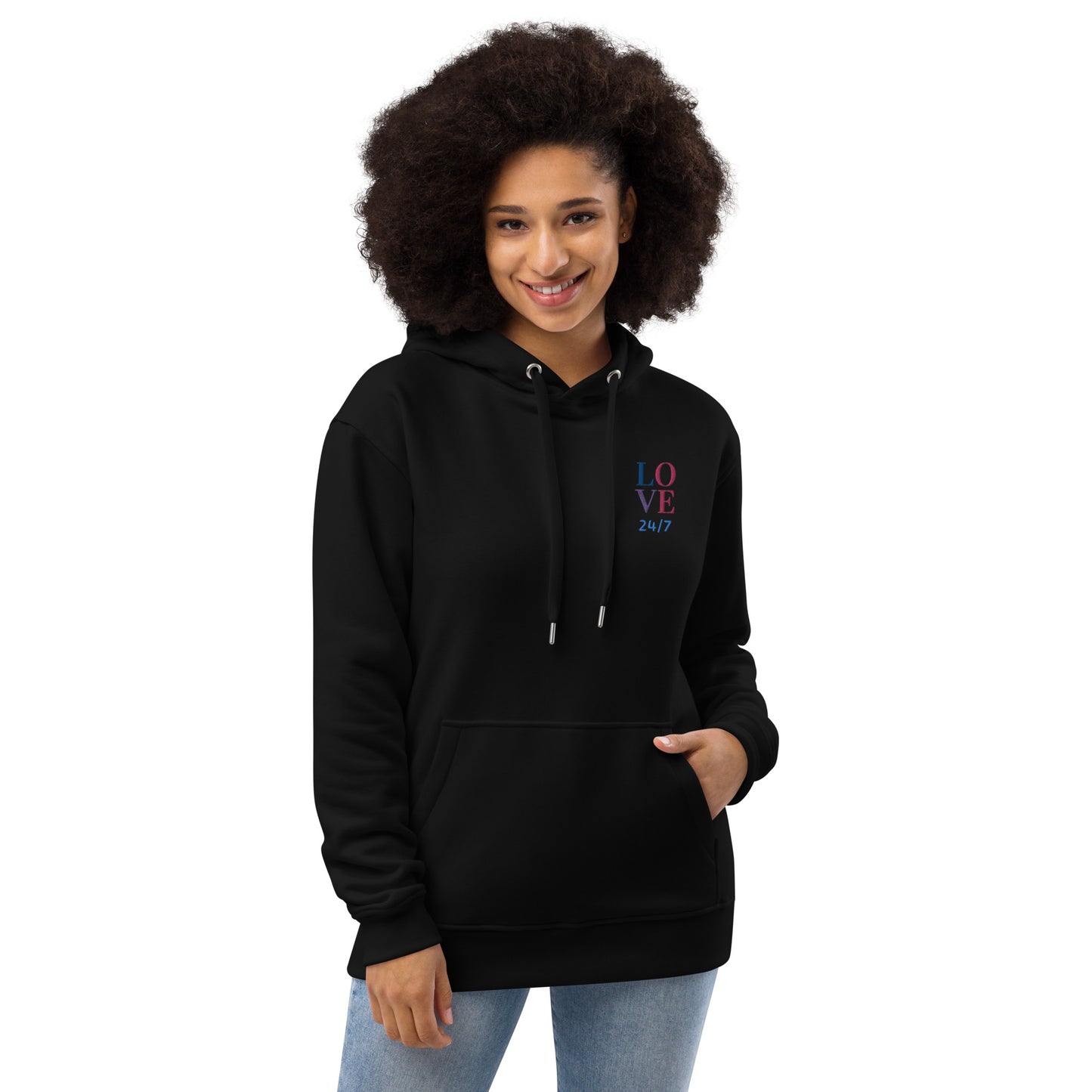 Unisex Premium Eco Hoodie (Embroidered): Love 24/7 (multi-color)