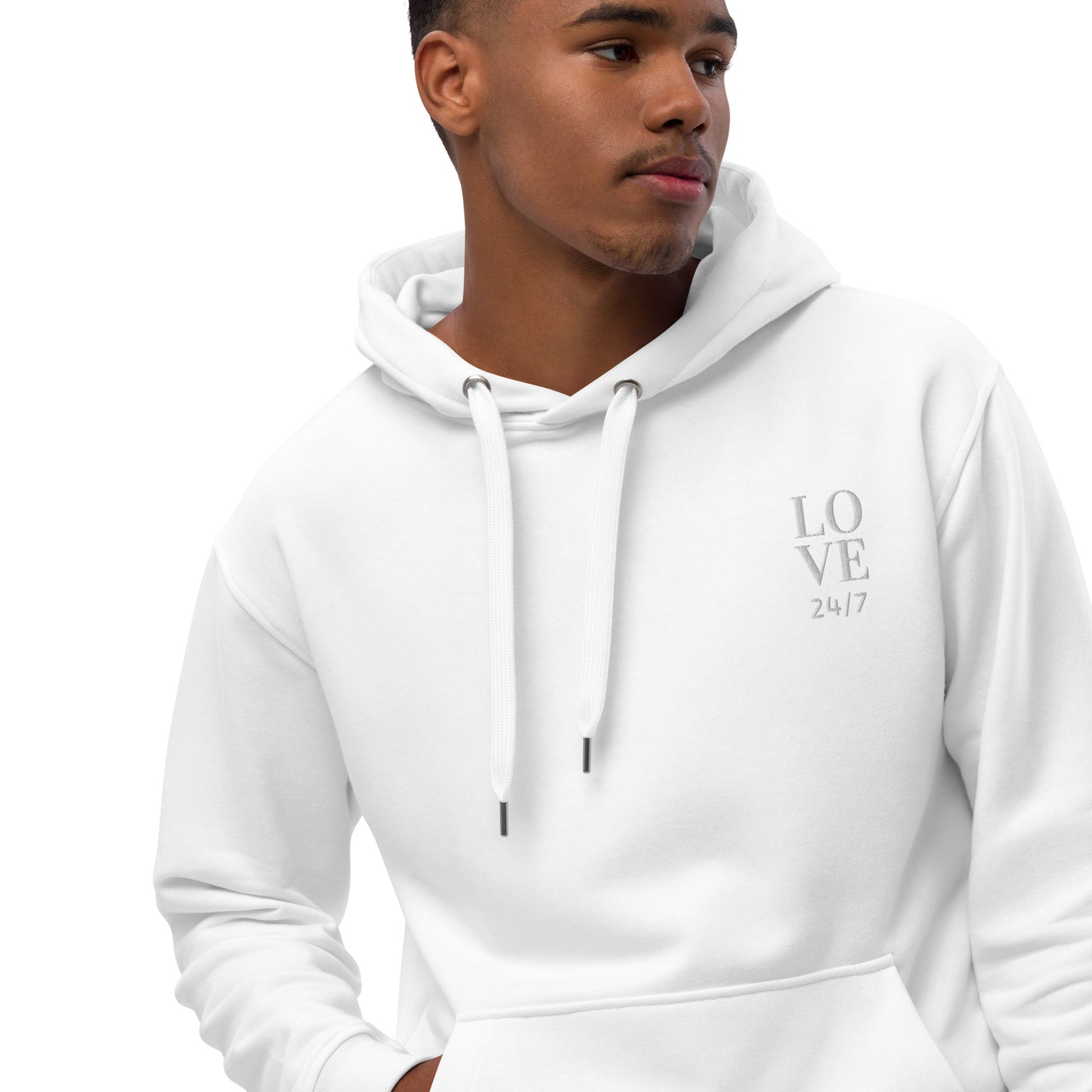 Unisex Premium Eco Hoodie (Embroidered): Love 24/7 (white/gray tex)